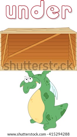 Cartoon dragon stands under a box. English grammar in pictures for students, pupils and preschoolers