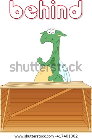 Cartoon dragon stands behind the box. English grammar in pictures for students, pupils and preschoolers