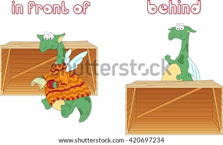 Cartoon dragon reads a book in front of the box and stands behind the box. English grammar in pictures for students, pupils and preschoolers