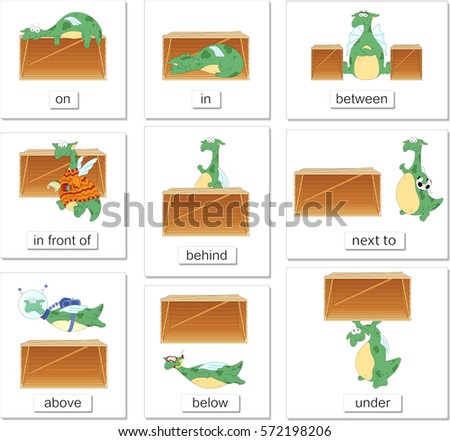 Cartoon dragon and box. English grammar in pictures for students, pupils and preschoolers