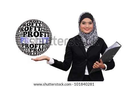 Happy successful business muslim woman with profit word globe Isolated over white background