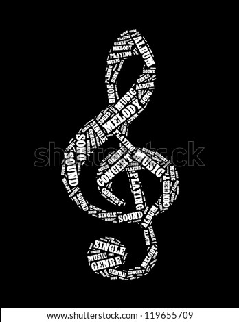 music text collage Composed in the shape of treble clef