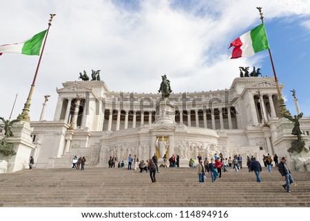 ROME,ITALY-APRIL 23: National Monument of  Victor Emmanuel II, Piazza di Venezzia. on April 23,2012 in Rome,Italy. Made in honor of the first king of Italy, Victor Emmanuel II in 1911