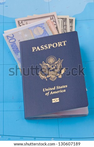 American passport, euros  and dollars on map background for travel concept.