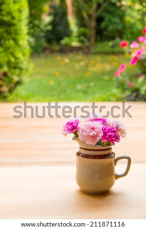 Pink carnation flowers in small ceramic vase on wooden  table in the garden. Summertime nature blur background.