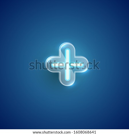 Realistic blue neon plus with plastic case, vector illustration