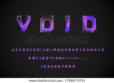 Futuristic 'Void' purple/blue font set with dashed strokes and blending effects, vector illustration