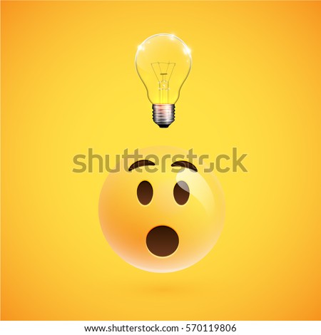 Wondering smiley with a lightbulb shows an idea, vector illustration