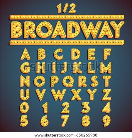 Yellow 'Broadway' font with lamps turned on, vector illustration