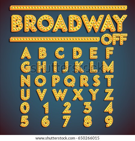 Yellow 'Broadway' font with lamps turned off, vector illustration