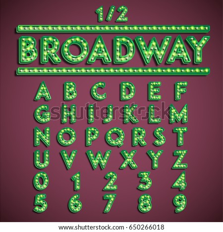 Green 'Broadway' font with lamps turned on, vector illustration