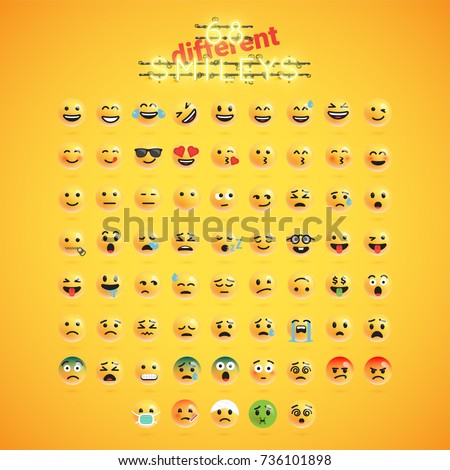 Yellow emoticon realistic face set, vector illustration