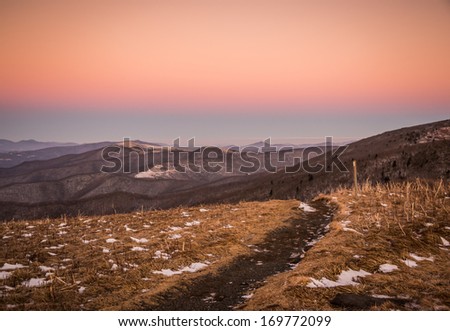 A path leads hikers along the Appalachian trail at Roan Mountain. this shot was taken after sunset in a brisk cold and windy day.