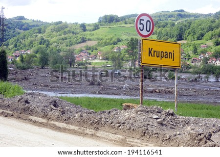 Krupanj-May 19,2014: After recent heavy rains, river Cadjavica went out of stream, causing catastrophic floods and mud slides, wich destroyed town of Krupanj in Macva district in central Serbia.