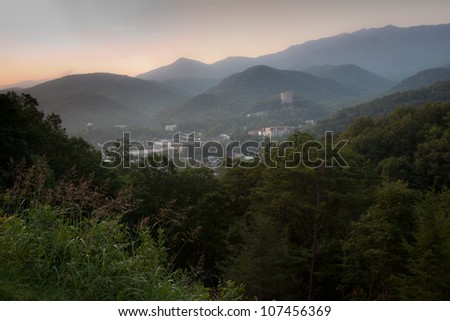Sunset over Gatlinburg, Tennessee, viewed from the Great Smoky Mountains, a vacation spot