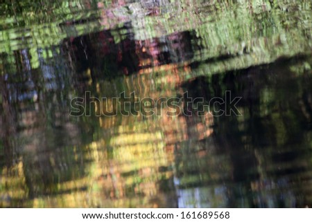 Natural Abstraction of fall leaves reflected in a lake, with red, orange, yellow and green, and the distortion of small waves