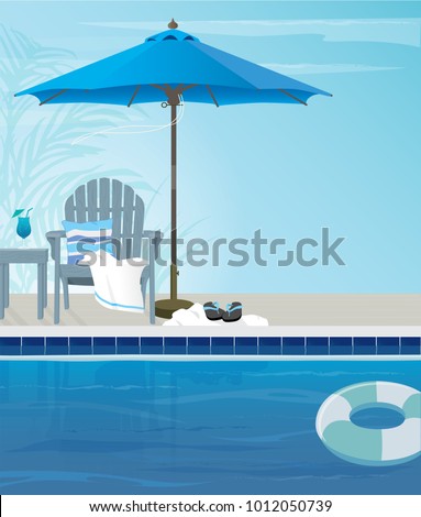 Relaxing tropical swimming pool and beach chairs in blue and aqua tones. Copy space