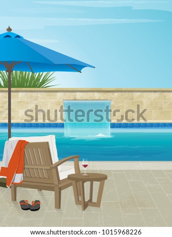 Relaxing resort swimming pool with comfy chair, glass of red wine and umbrella. Blue sky for copy space. 