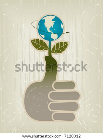 Stylized Green Thumb/Globe/Thumbs Up Concept Icon; Easy-edit layered file.