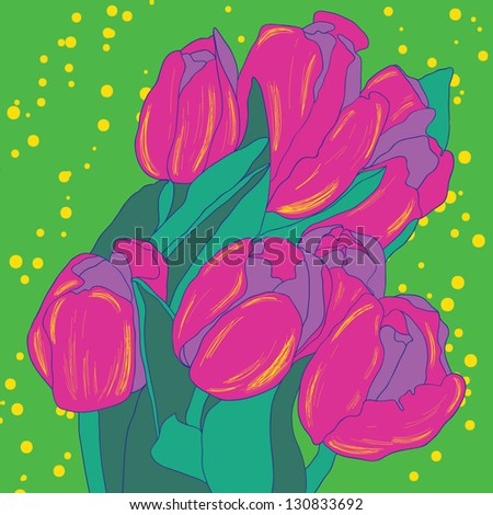 Stylish floral greeting card with blooming flowers tulips vector background