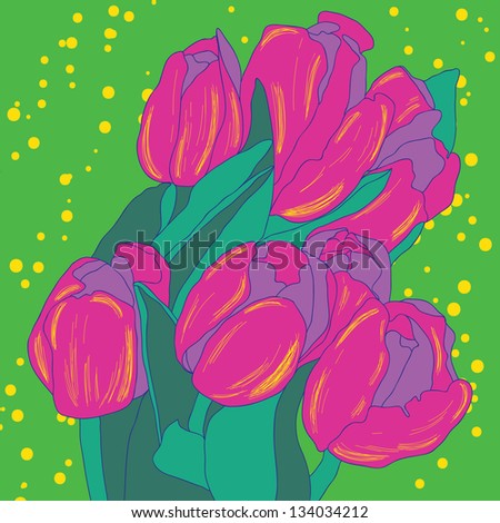 Stylish floral greeting card with blooming flowers tulips  background