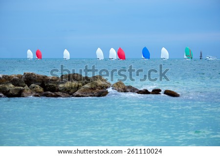 Colorful sailing boats on the sea. Panoramic view. Florida Keys, USA