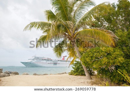 Lurxurious Cruise Ship By The Beach With Palm Coconut Trees