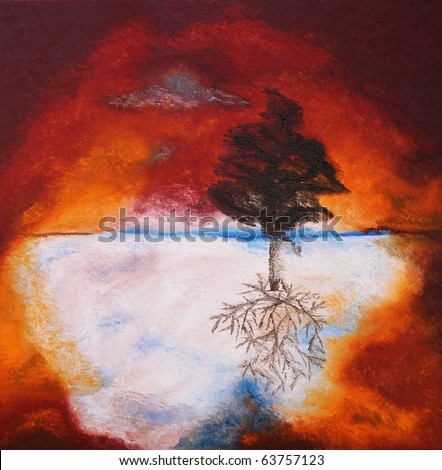 Original oil painting on canvas of a fall tree against fiery sunset sky