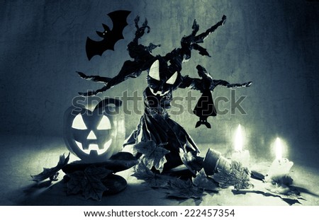 Halloween pumpkin under spooky tree with creepy bats(Fluorescent White Balance )