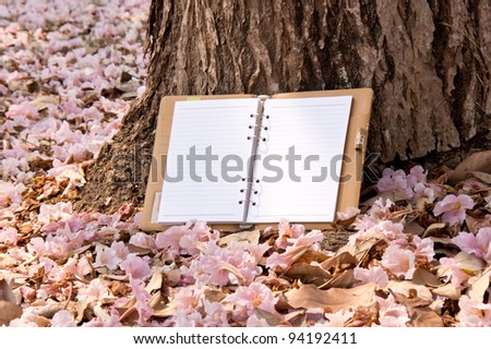 Note book on the pink carpet of Tabebuia flowers