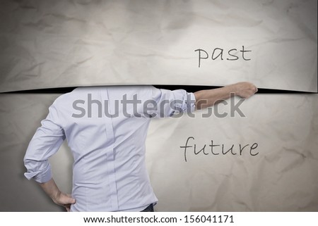 concept of man cutting with the past but is afraid of the future