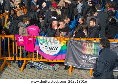 NAPLES,ITALY- MARCH 21: Arcigay provocatively exposes a banner during the Pope\'s visit to Naplesl on march 21, 2015 in Naples - Italy