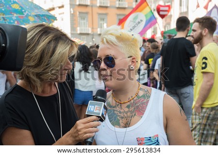 NAPLES, ITALY-JULY 11:Some participants in Gay Pride every year brings together thousands of gay people and not to claim the rights to sexual freedom and against homophobia on july 11, 2015 in Naples