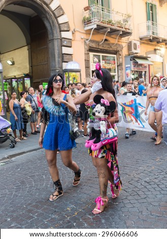 NAPLES, ITALY-jULY 11:Some participants in Gay Pride every year brings together thousands of gay people and not to claim the rights to sexual freedom and against homophobia on  july 11, 2015 in Naples