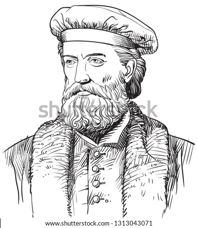 Marco Polo (1254-1324) portrait in line art illustration. He was an Italian merchant, explorer, adventurer and writer who traveled from Europe to Asia and lived in China for 17 years.