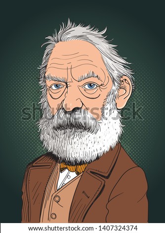 Victor Marie Hugo cartoon portrait in line art illustration. He was a French poet, novelist and dramatist of the Romantic movement.