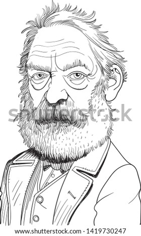 Victor Marie Hugo cartoon portrait in line art. He was a French poet, novelist and dramatist of the Romantic movement and is considered to be one of the greatest and best-known French writers. 
