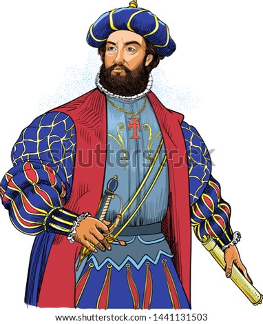 Vasco da Gama portrait in line art illustration. He was a Portuguese explorer and the first European sailor to navigate a route to the East and India through the Cape of Good Hope.
