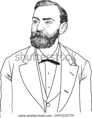 Alfred Bernhard Nobel line art portrait. He was a Swedish businessman, chemist, engineer, inventor, and philanthropist.
