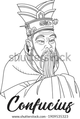 Confucius vector portrait in line art illustration 