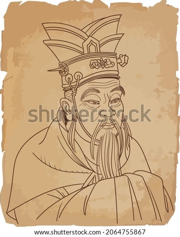 Confucius vector portrait in line art illustration 