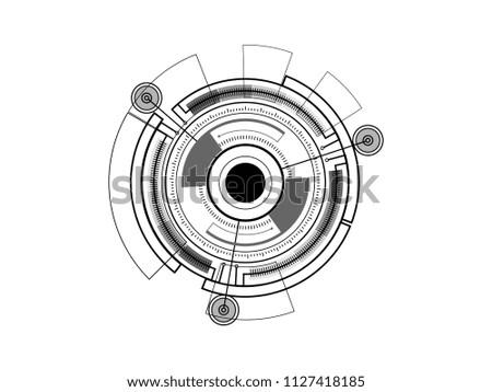 Abstract digital screen black and white, Scientific futuristic interface. with square, line, circle and Dashed lines isolated on white background. Vector illustration. 