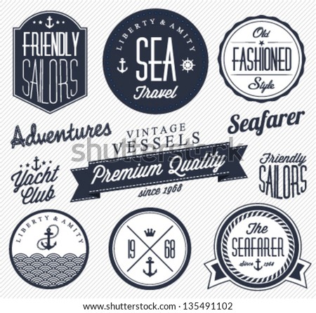 Collection Of Vintage Nautical Badges And Labels In Retro Style Stock ...