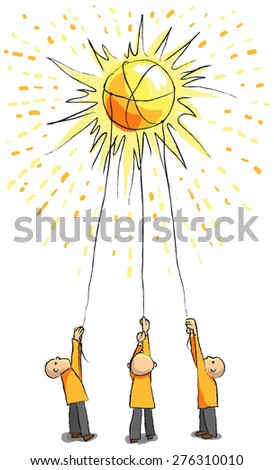 Three people catch the sun with ropes - Great for saving energy concept or ambitiousness teamwork concept