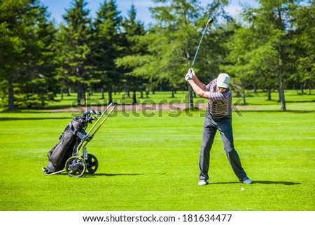 Mature Golfer on a Golf Course Taking a Swing in the Fairway