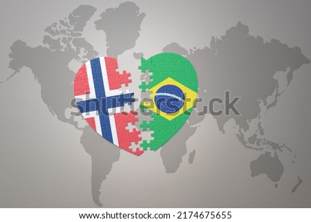 puzzle heart with the national flag of norway and brazil on a world map background. Concept.  illustration Foto stock © 