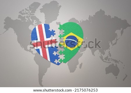 puzzle heart with the national flag of brazil and iceland on a world map background. Concept. 3D illustration Foto stock © 