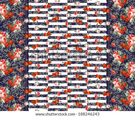 Lace stripes-roses fashion fabrics print pattern.