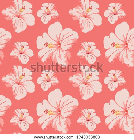 Floral seamless pattern of hibiscus flowers graphic illustration on coral background.