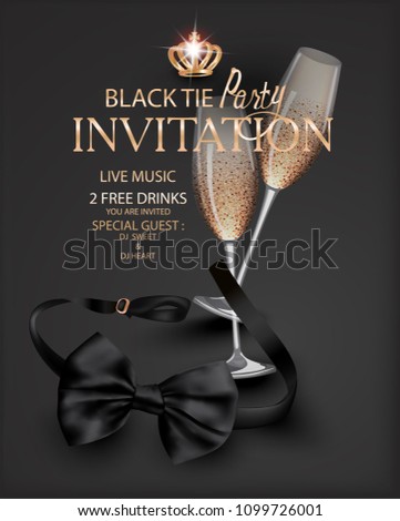 Black tie party with the black bow tie and glasses of champagne. Vector illustration